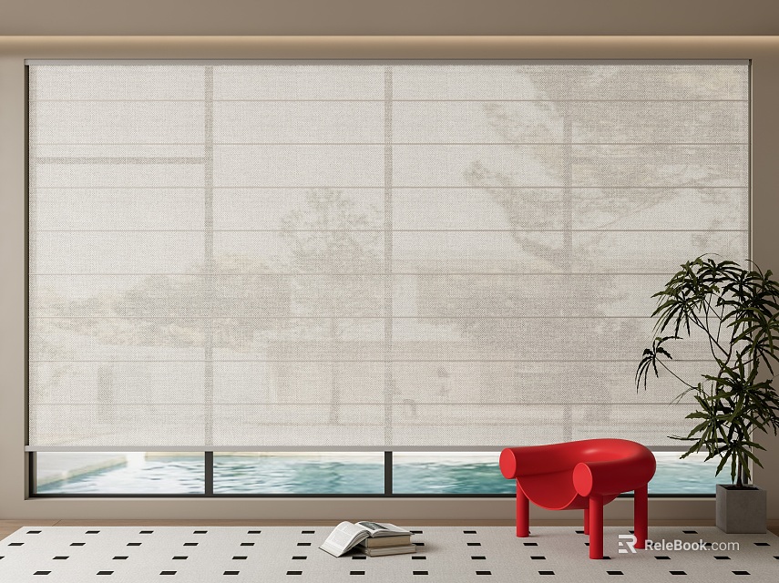Light Colored Roman Shades For Large Window With Red Chair Potted Plant And Tree View 3d model 