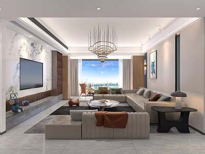 Modern Living Room Interior Design With Chandelier Large TV And Sofa Furniture 3d model