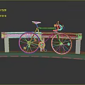 Teal Bicycle With Red Seat Colorful Dots On Wheels On Platform Yellow White Stripes