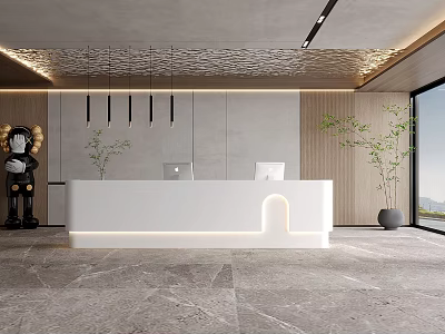 Modern Reception Area With White Desk Computer Grey Backdrop Hanging Lights Green Plant Black Sculpture 3d model