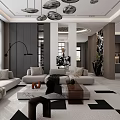 Modern Living Dining Room Interior Design With Open Layout Large Windows And Marble Flooring 3d model