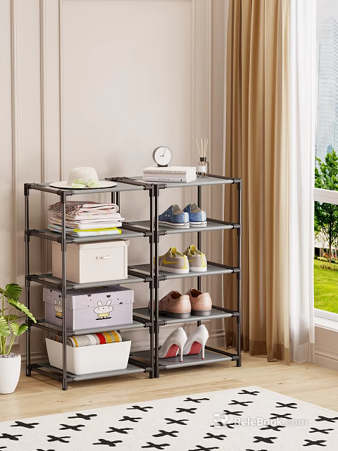 Living Dining Room Interior With Metal Storage Rack Folded Towels Shoes And Green Plants 3d model 