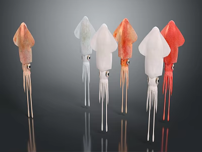 Colorful Squid Aquatic Animal Models in Various Hues Displayed Together 3d model