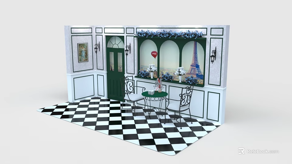 Parisian Style Interior With Green Door Checkered Floor And Eiffel Tower Decor 3d model 