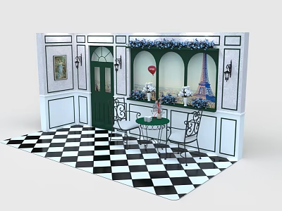 Parisian Style Interior With Green Door Checkered Floor And Eiffel Tower Decor 3d model