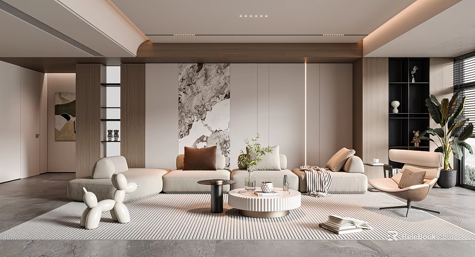 Elegant Modern Living Room Interior With Beige Sofa Coffee Table Marble Wall And Green Plant 3d model 