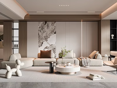 Elegant Modern Living Room Interior With Beige Sofa Coffee Table Marble Wall And Green Plant 3d model