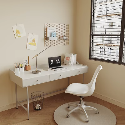 White Home Office Desk with Laptop Lamp Pegboard and Ergonomic Chair by Window Blinds 3d model