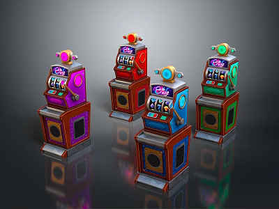 Colorful Cartoon Style Slot Machines With Play Buttons And Display Windows Design 3d model