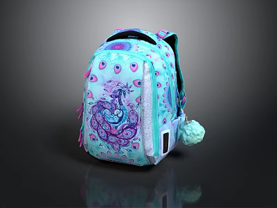 Turquoise Backpack With Peacock Pattern Glitter Details And Pom Pom Decoration For Daily Use 3d model