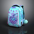 Turquoise Backpack With Peacock Pattern Glitter Details And Pom Pom Decoration For Daily Use