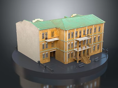 Yellow And White Multi Story Building With Green Roof Balconies And Steps 3d model