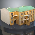 Yellow And White Multi Story Building With Green Roof Balconies And Steps