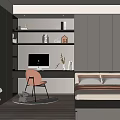 Modern Tatami Bedroom Interior With Bed Desk Chair Bookshelf And Storage Cabinets