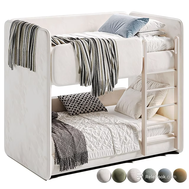 Cozy White Kids Bunk Bed With Ladder Striped Blanket And Decorative Pillows 3d model 