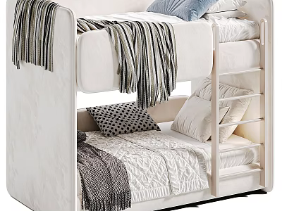 Cozy White Kids Bunk Bed With Ladder Striped Blanket And Decorative Pillows 3d model
