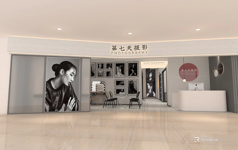 Modern Mall Photography Studio Interior With Photos On Wall Reception Desk And Chairs 3d model 