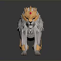 Detailed White Mythical Lion With Golden Armor And Red Decorative Cape