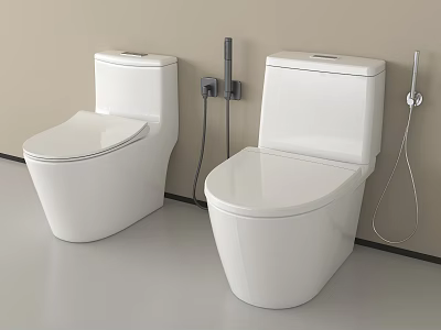 Two White Modern Toilets Against Wall In Bathroom With Cleaning Accessories 3d model