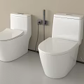 Two White Modern Toilets Against Wall In Bathroom With Cleaning Accessories