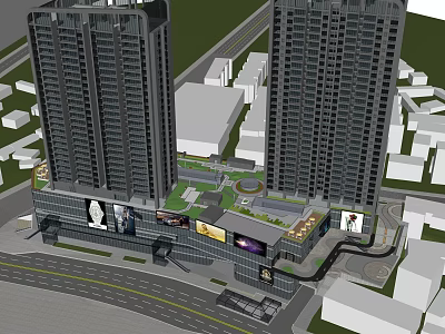 Modern Commercial Complex With Twin Tall Buildings Green Roof And Urban Billboards 3d model