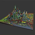 Futuristic Cityscape With Colorful Tall Buildings Green Trees And Roads