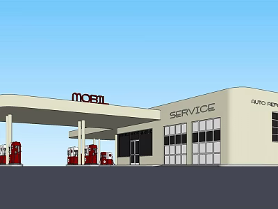 Modern Gas Station With Auto Service Building And Red Fuel Pumps 3d model