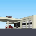 Modern Gas Station With Auto Service Building And Red Fuel Pumps