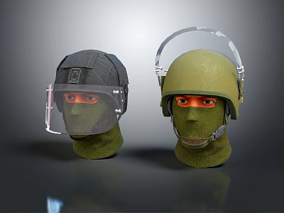 Two Protective Helmets With Face Shields Green Dark Colors Different Designs Safety Gear 3d model