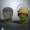 Two Protective Helmets With Face Shields Green Dark Colors Different Designs Safety Gear