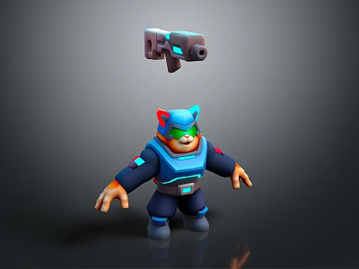 3D Model of Cat Character in Blue Uniform with Green Goggles and Floating Gun 3d model