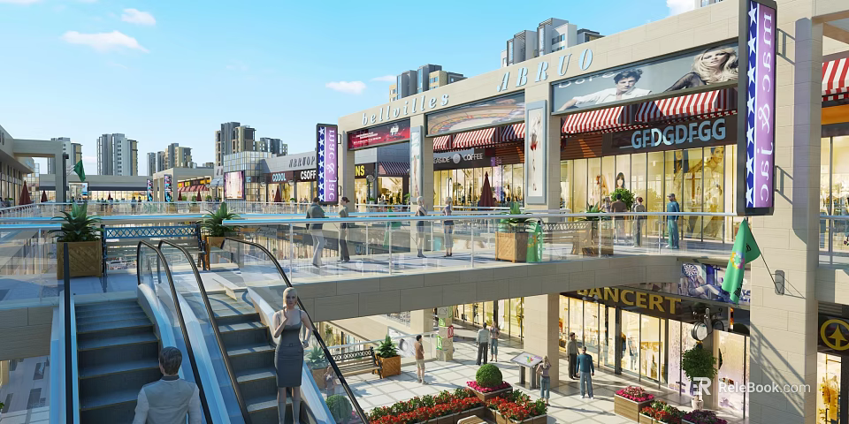 Vibrant Multi level Commercial Street With Escalators Shops Pedestrians Flower Decorations And High rise Buildings 3d model 