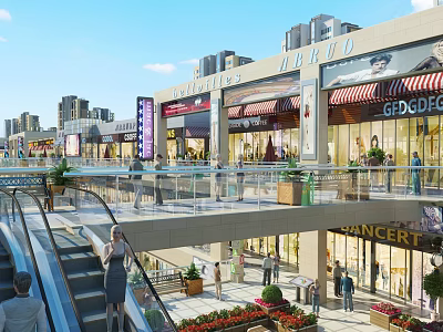 Vibrant Multi level Commercial Street With Escalators Shops Pedestrians Flower Decorations And High rise Buildings 3d model