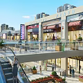 Vibrant Multi level Commercial Street With Escalators Shops Pedestrians Flower Decorations And High rise Buildings