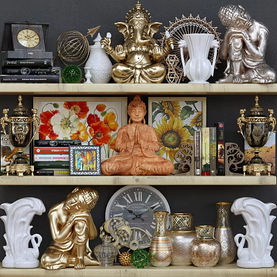 Decorative Ornament Set With Buddha Statue Vase Clock Books Trophy And Sculptures 3d model