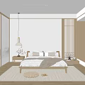Modern Minimalist Bedroom Interior With Wooden Bed Nightstand Hanging Lamp Fan And Rug