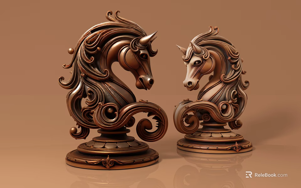 Intricate Bronze Horse Head Sculptures With Curly Decorations And Carved Bases 3d model 