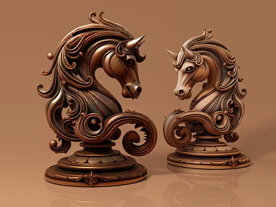 Intricate Bronze Horse Head Sculptures With Curly Decorations And Carved Bases 3d model