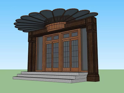 Wooden Entrance Gate With Petal Shaped Canopy And Stone Steps Design 3d model