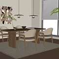 Dining Table Set with Wooden Top Light Gray Chairs Hanging Pendant Lights Abstract Wall Art