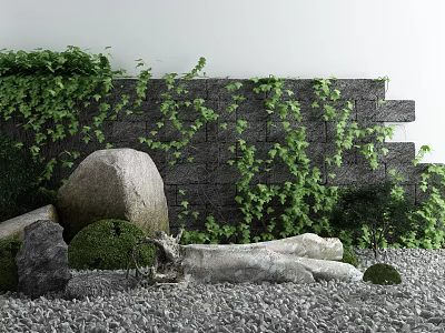 Courtyard Garden Design With Stone Wall Ivy Vines Large Rocks Moss And Pebble Ground 3d model