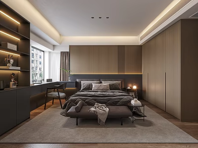 Modern Bedroom Interior With Wooden Accent Wall King Size Bed Built in Wardrobe And Area Rug 3d model