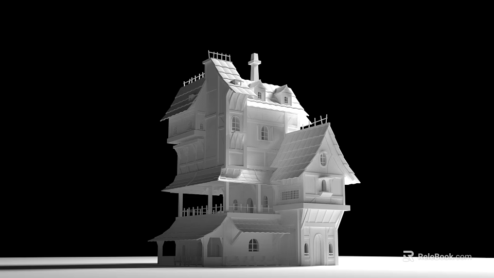 Multi Story Detached Villa With Gabled Roof Tower Balconies And Arched Windows 3d model 