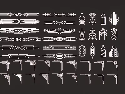 Collection of White Decorative Pendants with Geometric Patterns and Line Designs on Black Background 3d model