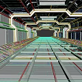 Cartoon Futuristic Corridor With Metal Structures Transparent Panels Grid Floor And Light At The End