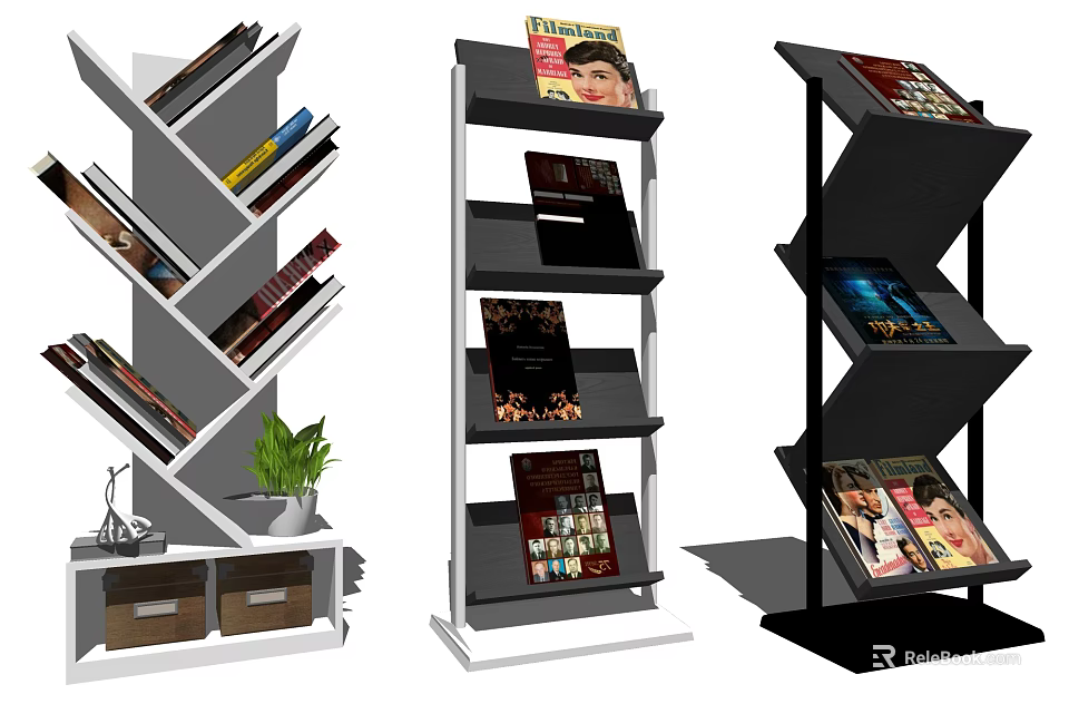 Modern Bookcase With Multi Tier Shelves For Books Magazines And Plant Decor 3d model 
