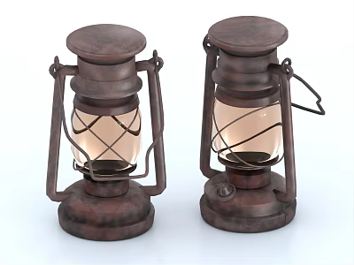 Two Vintage Kerosene Lanterns With Rustic Metal Frame And Glass Shade 3d model