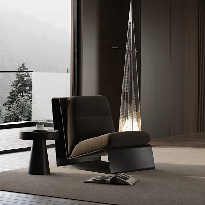 Modern Leisure Chair In Interior With Mountain View And Side Table Under Warm Pendant Light 3d model