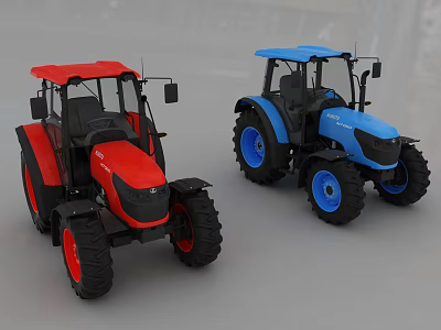 Red and Blue Functional Tractors with Large Tires and Cabins in Studio 3d model
