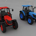 Red and Blue Functional Tractors with Large Tires and Cabins in Studio